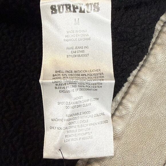 Surplus Faux Leather Hoodie Jacket Men’s M Gray Biker Bomber Fleece Lined - Picture 7 of 9